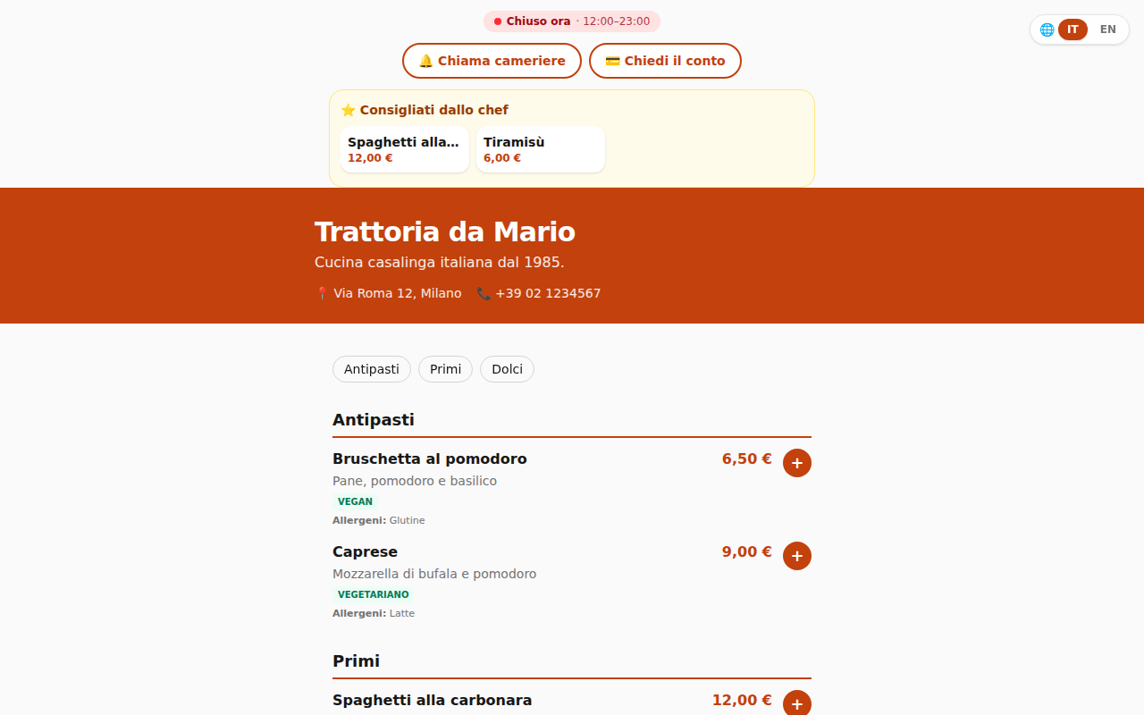 Il menu pubblico visto dal cliente