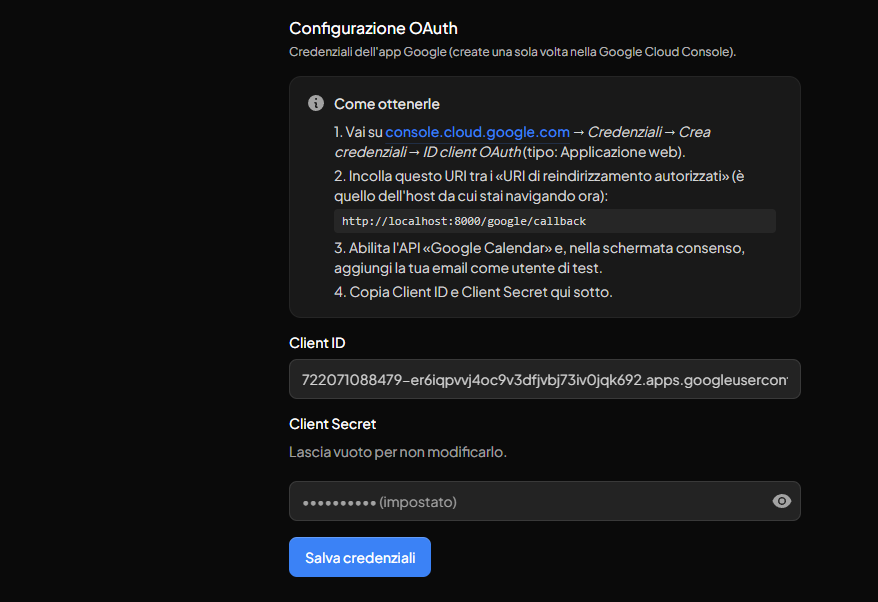 Configurazione delle credenziali OAuth