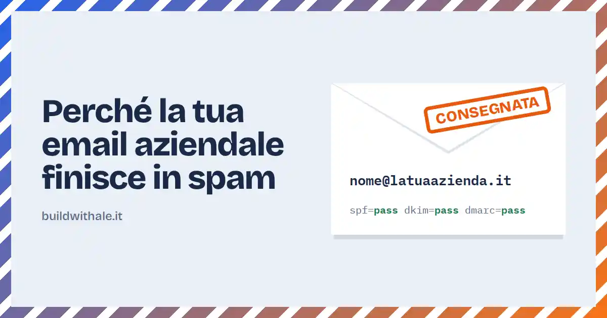 Busta bianca con timbro arancione "Consegnata", indirizzo nome@latuaazienda.it e controlli SPF, DKIM e DMARC superati, dentro una cornice a righe blu e arancio