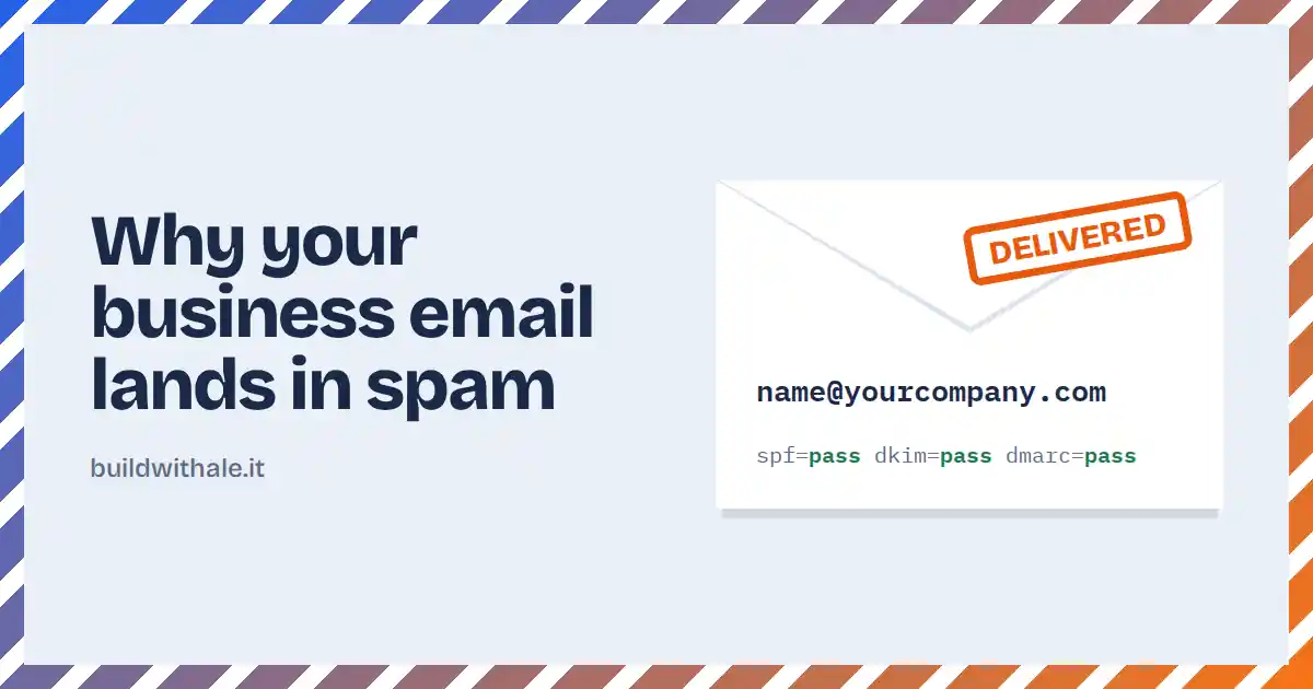 White envelope with an orange "Delivered" stamp, addressed to name@yourcompany.com, with SPF, DKIM and DMARC checks passed, inside a blue and orange striped border